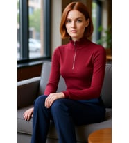 Kadın Fitted Vücuda Oturan Dik Yaka Fermuarlı Uzun Kol Esnek Örme Bluz Modern Cool & Comfort Tarzı