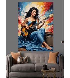 Gitar Çalan Kadın Müzisyen Dekoratif Kanvas - Mdf Ahşap Tablo
