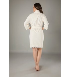 Krem Dantelli Bambo Cotton Kadife Bayan Sabahlık