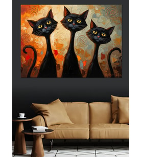 Üçlü Siyah Kedi Modern Sanat Dekoratif Kanvas - Mdf Ahşap Tablo