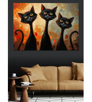 Üçlü Siyah Kedi Modern Sanat Dekoratif Kanvas - Mdf Ahşap Tablo