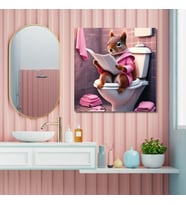 Tekli Kare Kanvas Banyo Tablosu Gazete Okuyan Bornozlu Sincap