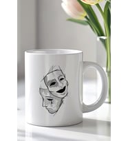 Duygu Maskeleri Temalı Minimal Sanat Tasarımlı 330ml Baskılı Beyaz Seramik Kupa Bardak
