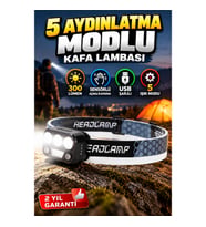 300 Lümen Sensörlü LED Kafa Lambası – 5 Işık Modlu USB Şarjlı