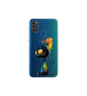 Samsung Galaxy M21 ile Uyumlu Splash Kedi Tasarımlı Şeffaf Silikon Kılıf