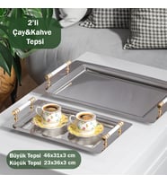 Porsima Yüzük 2li Paslanmaz Çelik Gümüş Kahve Tepsisi Gold Beyaz Detaylı Dekoratif Servis Sunum Tepsisi