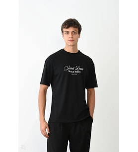 Erkek Kısa Kol Yazlık Tişört Bisiklet Yaka Baskılı Oversize T-Shirt - Siyah