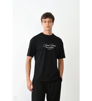 Erkek Kısa Kol Yazlık Tişört Bisiklet Yaka Baskılı Oversize T-Shirt - Siyah