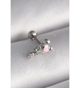 316L Çelik Gümüş Renk Zirkon Taş Detay Pembe Kalp İşleme Tragus Piercing - TJ-PR1281