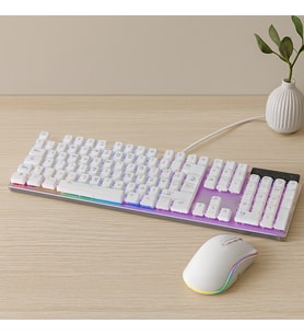 USB Kablolu Oyuncu Klavye ve Mouse Seti - Beyaz RGB