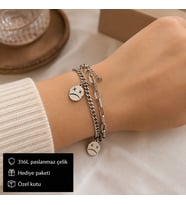 Çift Zincirli Gümüş Renk Çelik Bileklik – Figür Detaylı Modern Kadın Bileklik
