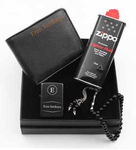Kişiye Özel Cüzdan & Kişiye Özel Benzinli Çakmak & Zippo Benzin & Tesbih Hediye Seti