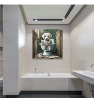 Tekli Kare Kanvas Banyo Tablosu Gazete Okuyan Beyaz Terrier Köpek