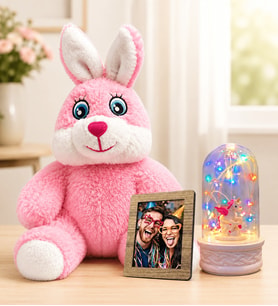 Kişiye Özel Fotoğraflı Renkli LED Işıklı Unicornlu Fanus ve Pembe Peluş Tavşan Sevgiliye Kadına Hediye