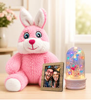 Kişiye Özel Fotoğraflı Renkli LED Işıklı Unicornlu Fanus ve Pembe Peluş Tavşan Sevgiliye Kadına Hediye