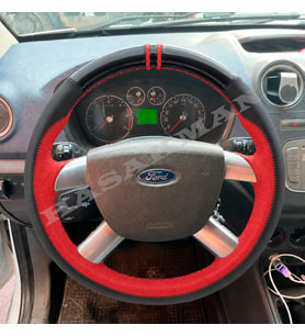 Ford Fiesta Mk5 Dikme Direksiyon Kılıfı Parlak Siyah Kırmızı Detaylı Kırmızı Çift Yüzük ve Dikiş 2006-2008