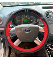 Ford Fiesta Mk5 Dikme Direksiyon Kılıfı Parlak Siyah Kırmızı Detaylı Kırmızı Çift Yüzük ve Dikiş 2006-2008