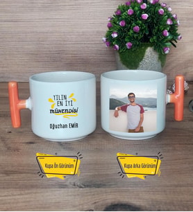 Mühendisler Günü Hediyesi Kupa Bardak Fotoğraflı T Turuncu Kulplu Yılın En İyi Mühendisi Mühendise Hediye