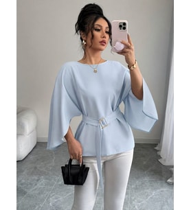 Kadın Uzun Kollu Yuvarlak Yakalı Yarasa Kollu Belden Kuşaklı Atlas Bluz