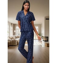 Kadın Kalpli Örme Pijama Takımı Rahat Şık Kısa Kollu Regular Kalıp Premium Kalite Seçkin Malzeme (Lacivert)