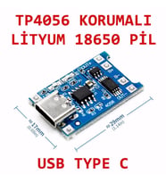 TP4056 Korumalı Lityum Pil Şarj Devresi Type C Usb Batarya