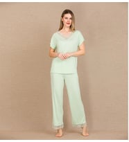 Amora Secret Viskon Şık Tasarım Dantel İşlemeli Açık Yeşil Kısa Kol Pijama Takımı