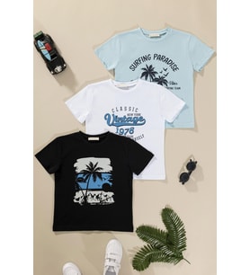 3'lü Safari Baskılı Siyah Beyaz Mavi Tshirt