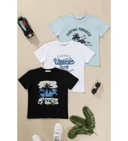 3'lü Safari Baskılı Siyah Beyaz Mavi Tshirt