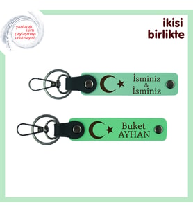 En Yakın Dostuna Şık Bir Armağan Ay Yıldız Temalı Kişisel 2’li Anahtarlık Seti, Açık Yeşil-Yeşil
