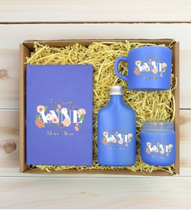 BK Gift Kişiye Özel İsimli DTF Anne Temalı Mavi Defter & Kahve Fincanı & Kolonya & Mum Hediye Seti-4, Anneye Hediye, Anneler Günü Hediyesi