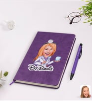 BK Gift Kişiye Özel Kadın Diş Hekimi Karikatürlü Mor Termo Deri Defter Kalem Seti Model 1