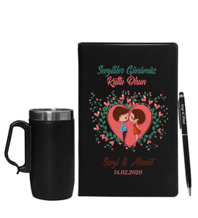 Sevgililer Gününe Özel Siyah Defter Kalem & Termos Mug Hediye Seti 3
