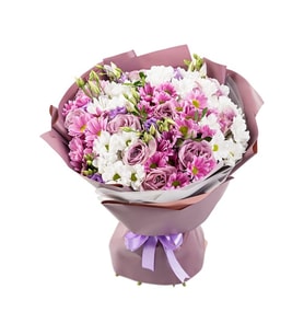 Tasarım Lila Bukette 3 Lila Gül ve Pembe Beyaz Papatyalar