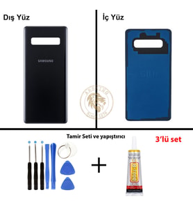 Samsung Galaxy S10 Plus Siyah Renk Arka Kapak + Tamir Seti + B7000 Yapıştırıcı Arka Cam Batarya Kapağı Pil Kapağı Lazer Kesim Back Cover Galaxy S10 Plus Uyumlu