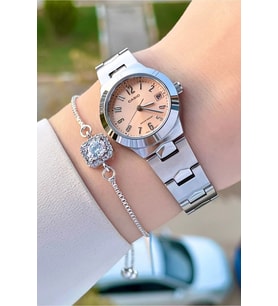 Casio CSISTE90 Kadranı Pudra Kordonu Gümüş Renk Hediye Paketli Kadın Kol Saati ve Bileklik