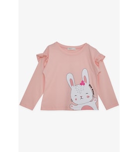 Breeze Kız Çocuk Uzun Kollu Tişört Sevimli Tavşancık Baskılı Omzu Fırfırlı 1-4 Yaş, Pembe