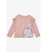 Breeze Kız Çocuk Uzun Kollu Tişört Sevimli Tavşancık Baskılı Omzu Fırfırlı 1-4 Yaş, Pembe