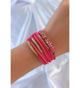 Pembe Renk Zirkon Taşlı Metal Aksesuarlı İpli Çoklu Bileklik TJ-BB6357