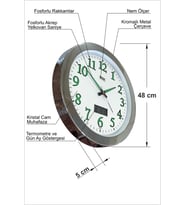 Dev Büyük 48 cm Krom Metal Çerçeve Fosforlu Duvar Saati Gece Karanlıkta Görünen Nemölçerli Termometreli Takvimli Sessiz Kayar Akar Saniyeli