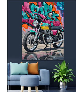 Graffiti Desenli Motosiklet Çizimi Dekoratif Kanvas - Mdf Ahşap Tablo