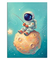 Ay Üzerinde Olta ile Balık Tutan Astronot Dekoratif Kanvas - Mdf Ahşap Tablo
