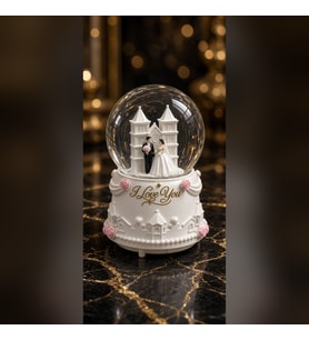Büyük Boy Işıklı, Müzikli ve Kar Püskürtmeli Gelin Damat Kar Küresi