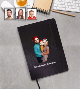 Kişiye Özel Yılbaşı Aile Karikatürlü Siyah Defter Model-1