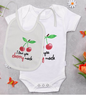 BK Kids I Love Cherry Much Tasarımlı Bebek Body Zıbın ve Mama Önlüğü Hediye Seti - Model 1