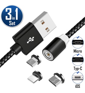 3'ü 1 Arada Manyetik Şarj Kablosu Seti iPhone iPad Samsung USB-C & Lightning 2.4A 100cm Siyah