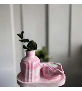 Lotusorium Taş Tozu Kalıbında %100 Doğal Kokulu Soya Mum,Vazo ve Tabak 3lü Set,Hediyelik Set,Dekoratif Obje (Pembe)