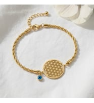 Valmont Accessories Yaşam Çiçeği Nazar Boncuklu 18+5 cm Ayarlanabilir Altın Sarısı Kadın Çelik Bileklik