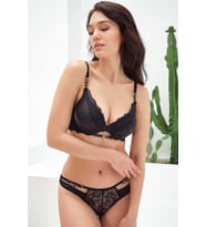 Arias Closet Deri Görünümlü Balenli Destekli Dolgulu Askı Detaylı Dantelli Sütyen ve String Takım (Siyah)