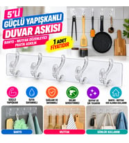 Mey İthalat® 5'li Güçlü Yapışkanlı Şeffaf Duvar Askısı Banyo Mutfak Düzenleyici Pratik Askılık (adet fiyatıdır)