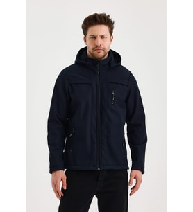 Lacivert Erkek %100 Su Geçirmez İçi Polarlı İç Çepli Çıkartılabilir Kapüşonlu Softshell Mont&Kaban